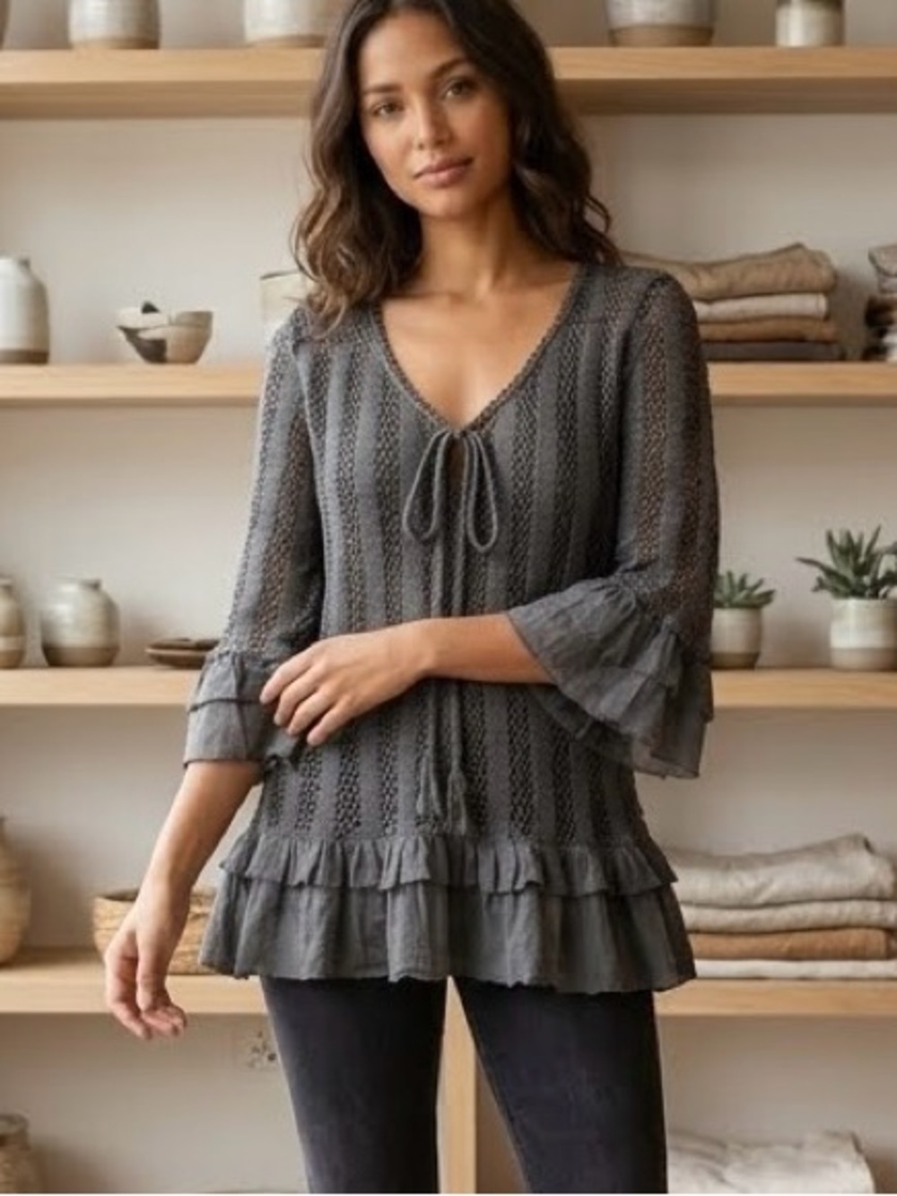 VANDANA Gray Pointelle Knit Tie Front Ruffle Tunic Top Whimsigoth Boho Large